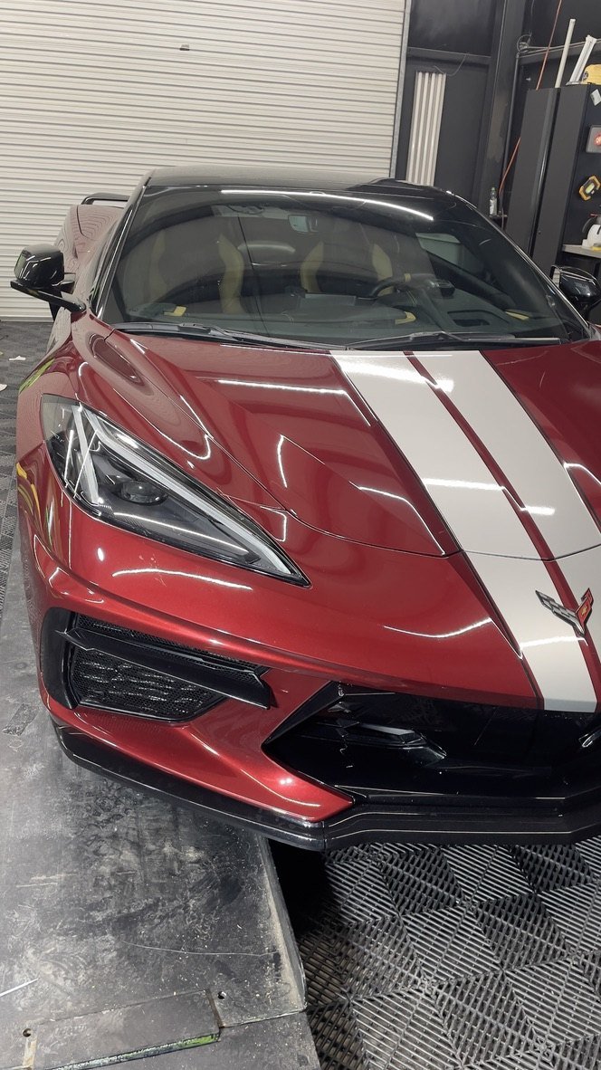 Red Corvette C8 with stripes, paint protection film