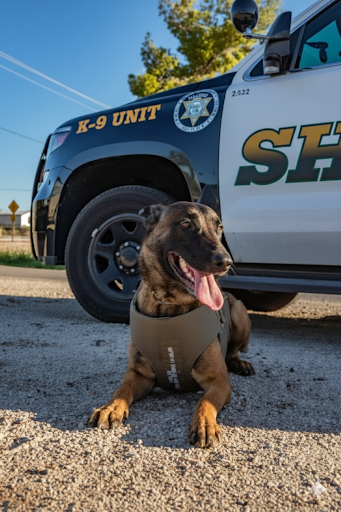 A K-9 unit dog from the Pinal County Sheriff's Office sitting next to a patrol vehicle.